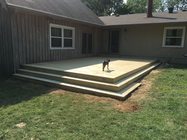 A newly constructed wooden deck with multiple steps in a backyard, featuring a small dog standing on the deck.